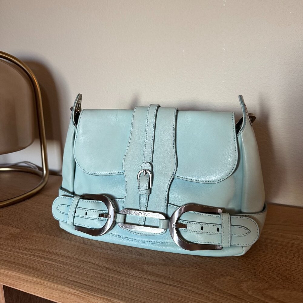 Jimmy Choo Tulita Leather Hobo Shoulder Vintage Handbag in Light Blue